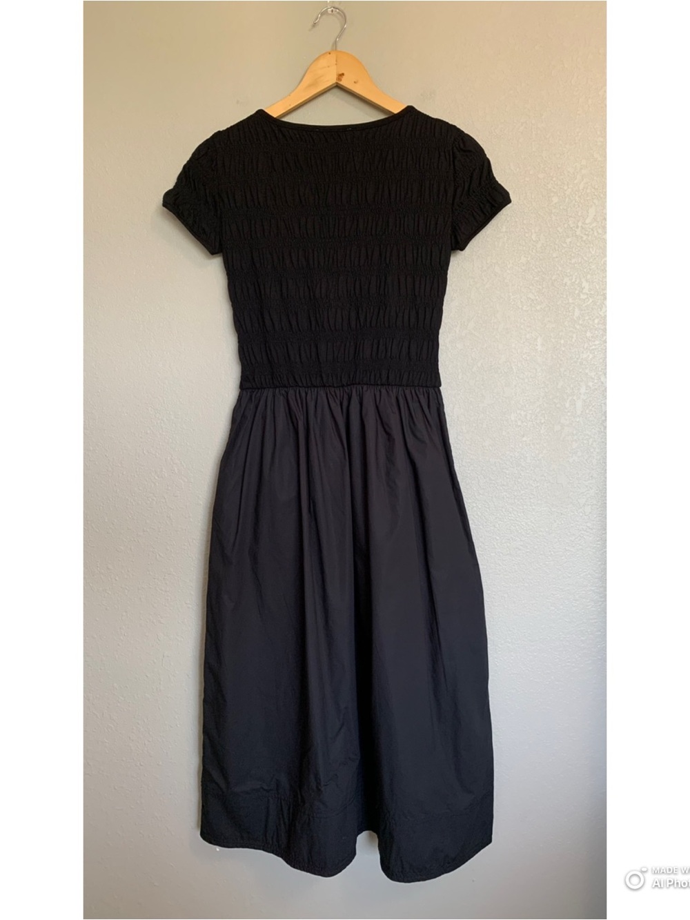 Madewell XXS Black Smocked Boatneck Midi Dress NWT Short Sleeve Cotton Dress - Picture 8 of 17